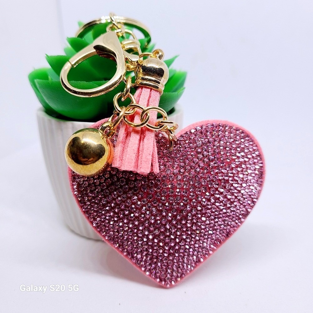 Pink Rhinestone Heart Keychain Gold Tassel Bag Charm Sparkly Crystal Accessory